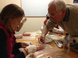 Susie and Frank focus on the stiching