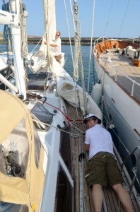 Taking Adina's sail down for repairs