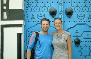 Steve, Susie in front of typical Tunisian blue door